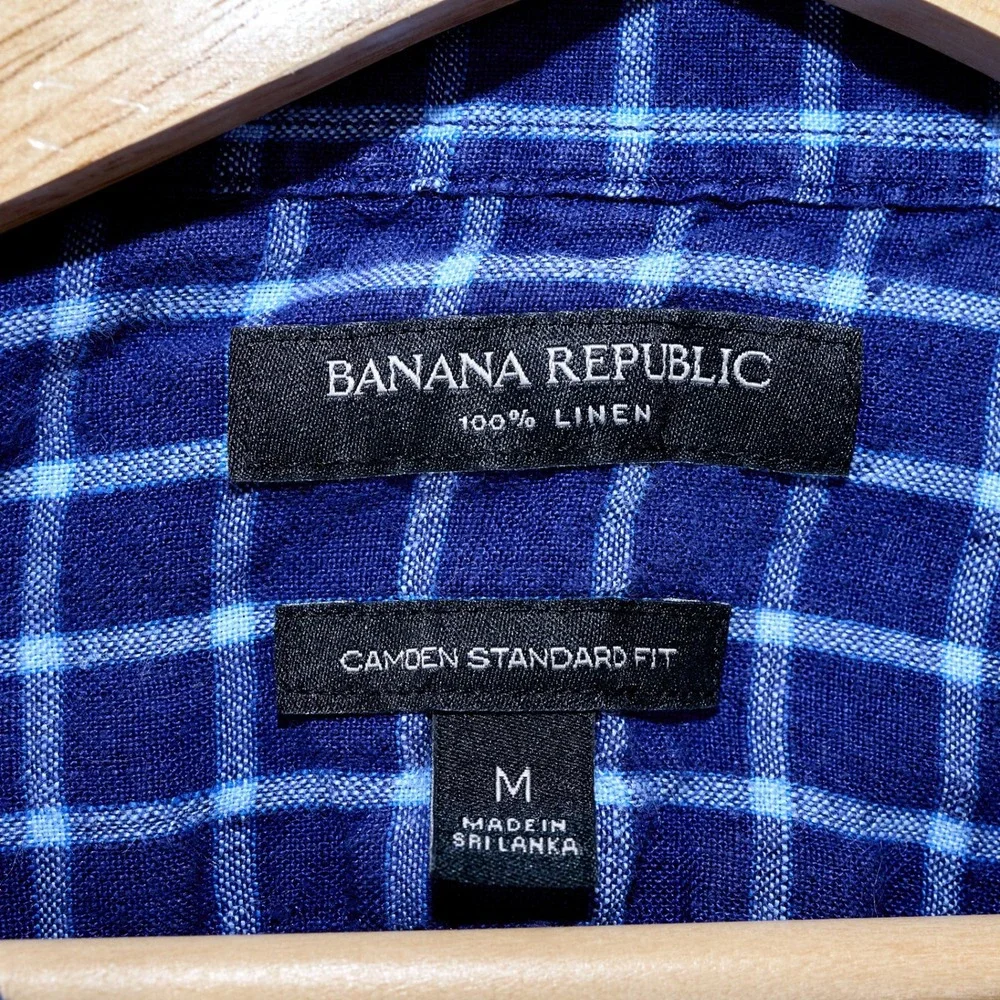 Banana Republic Mens Blue Windowpane 100% Linen Camden Standard Fit Shirt M